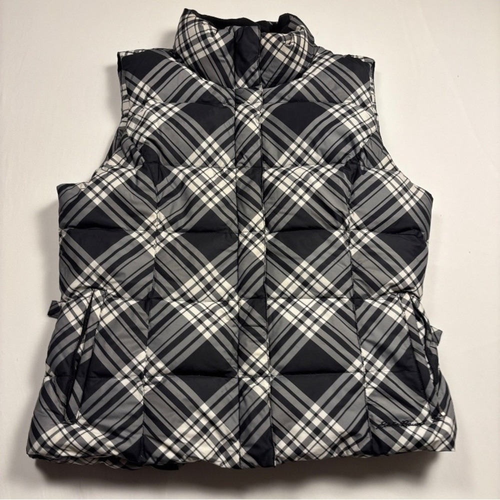 Eddie Bauer Women's XL Goose Down Plaid Quilted Puffer Vest Black Gray White